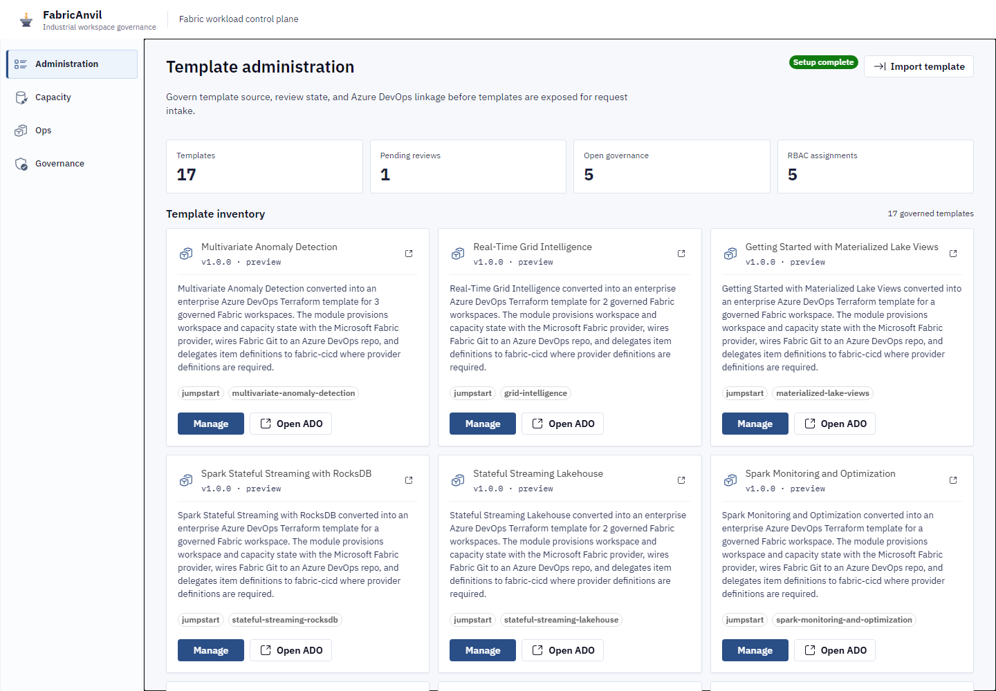Template Administration showing 17 governed templates with Manage and Open ADO actions, pending reviews and RBAC assignment KPIs