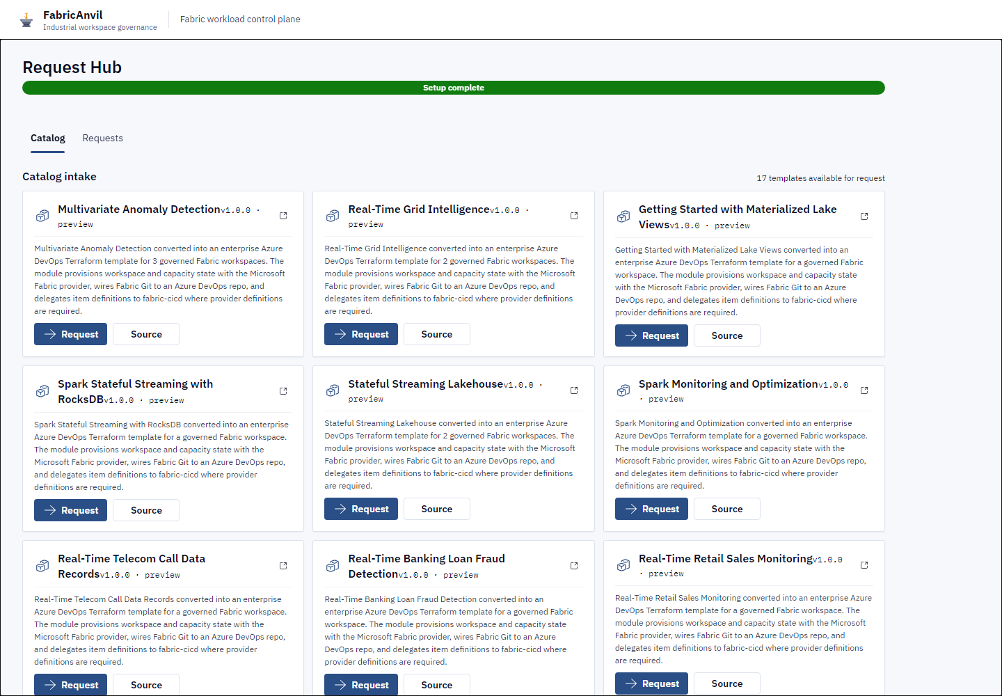 Request Hub template catalog with 17 governed workspace blueprints, each with Request workspace action and ADO linkage